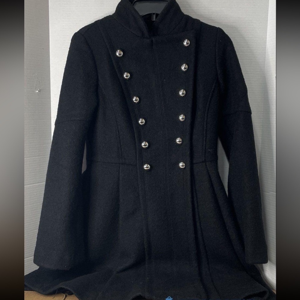 Guess Black Wool Double-Breasted Military Pea Coat - Picture 1 of 7